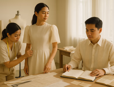 Young Filipino couple in an artisan atelier bride in a toile fitting while the couturier marks seams groom in barong reviewing sketches and fabric swatches