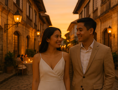 Young Filipino couple on a cobblestone lane at golden hour with capiz windows glowing behind them and a courtyard reception set nearby
