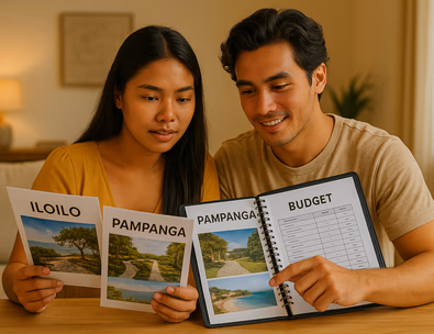 Young Filipino couple reviewing province options and venue photos with a planner while a budget sheet sits on the table
