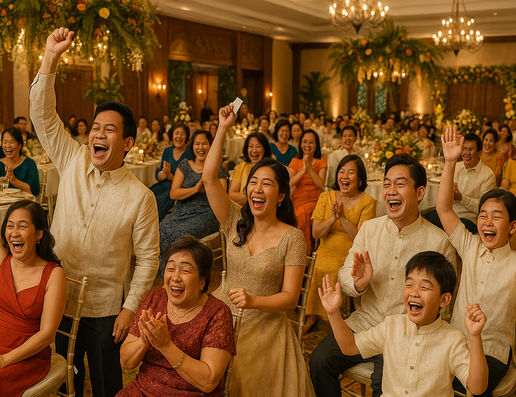 Guests enjoying fun indoor wedding games at a festive Philippine   wedding reception.