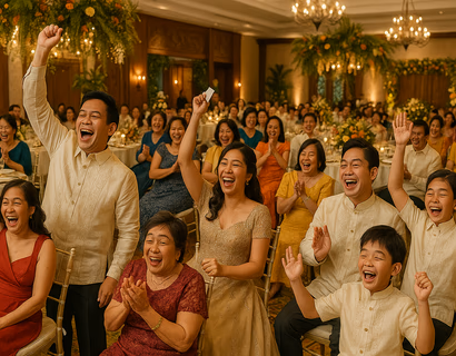Guests enjoying fun indoor wedding games at a festive Philippine wedding reception.