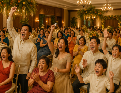 Guests enjoying fun indoor wedding games at a festive Philippine wedding reception.