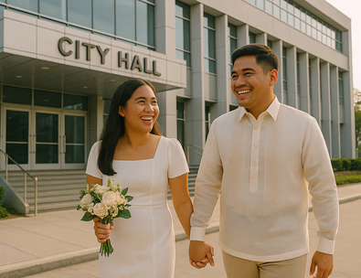 Young Filipino couple outside city hall in wedding attire with bouquet