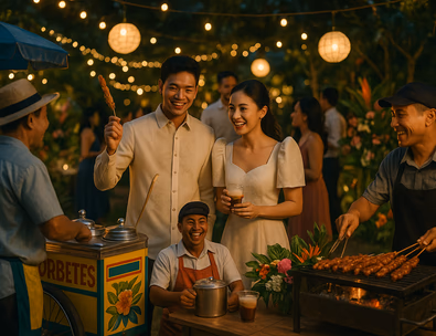 Young Filipino couple sampling sorbetes and skewers at lively reception carts capiz lanterns tropical greenery guests mingling in the background