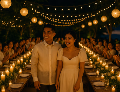 Young Filipino couple at a warmly lit reception with 60 guests long tables close to the dance floor smiles and candle glow