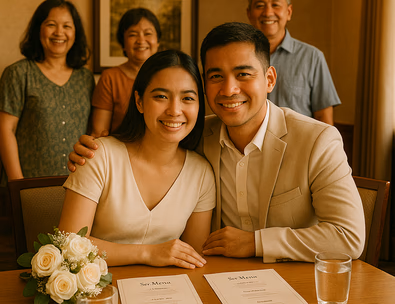 Young Filipino couple celebrating a civil wedding in a private restaurant room