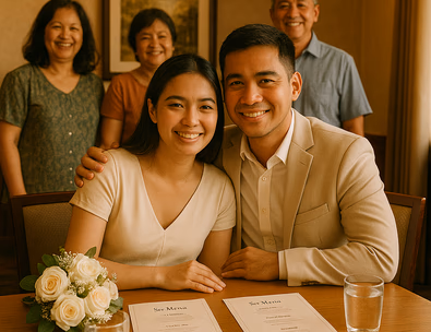 Young Filipino couple celebrating a civil wedding in a private restaurant room