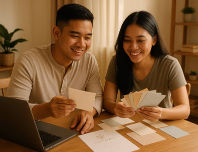 Young Filipino couple reviewing invitation samples and a color swatch book at a sunlit dining table with a laptop