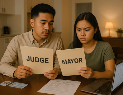 Young Filipino couple comparing judge and mayor options at home