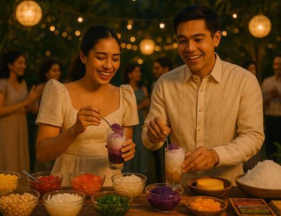Young Filipino couple at a halo halo and kakanin station smiling while guests build bowls vibrant toppings capiz lanterns evening garden reception