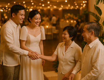 Young Filipino couple smiling as kids color at a cozy play corner near the reception entrance