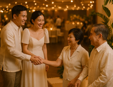 Young Filipino couple smiling as kids color at a cozy play corner near the reception entrance