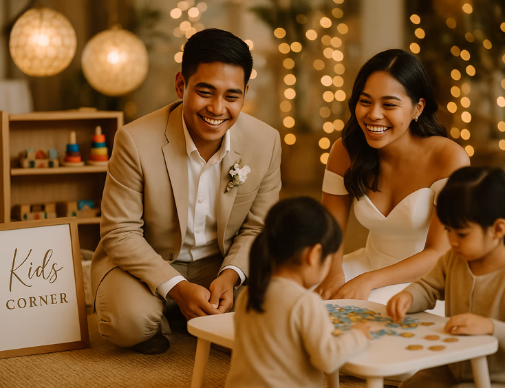 Young Filipino couple guiding a calm kid corner with art puzzles and a token shelf