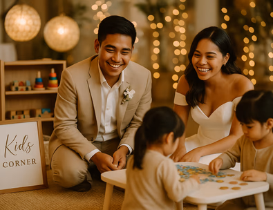 Young Filipino couple guiding a calm kid corner with art puzzles and a token shelf
