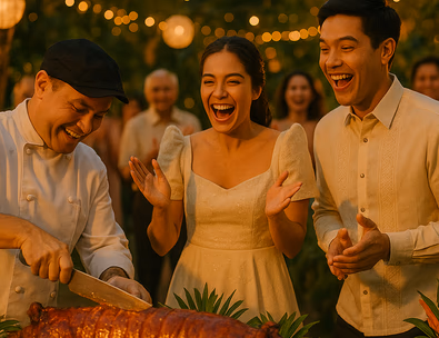 Young Filipino couple cheering as a chef carves lechon under warm lights guests gathered capiz lanterns tropical greenery night reception