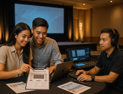 Young Filipino couple reviewing LED wall options stage lights and a sound console with a technician in a hotel ballroom