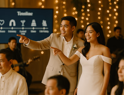 Young Filipino couple guiding music cues with a DJ and a timeline on screen