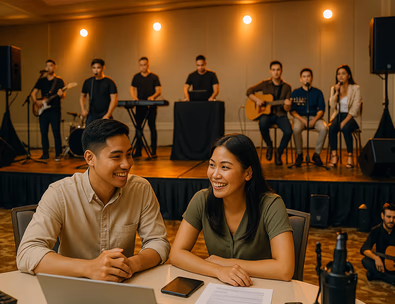 Young Filipino couple auditioning a band DJ and acoustic trio on a hotel ballroom stage with PA speakers and lights
