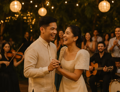 Young Filipino couple smiling on the dance floor with string players and a band behind them capiz lanterns and tropical greenery glowing at night