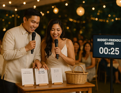 Young Filipino couple hosting budget friendly wedding games with printables and a prize basket