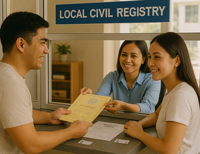 Young Filipino couple filing a Marriage License at a Local Civil Registry counter