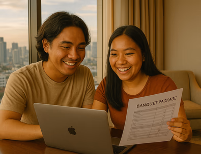 Young Filipino couple reviewing a Manila hotel banquet package on a laptop in a modern suite with city skyline in the window