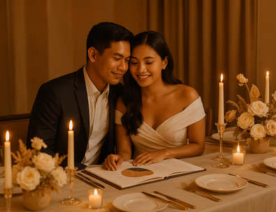 Young Filipino couple at an intimate long table with candles and sculptural florals as a small room feels full and warm