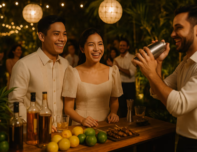 Young Filipino couple ordering cocktails at a mobile bar with calamansi and dalandan on display capiz lanterns and tropical greenery glowing at night