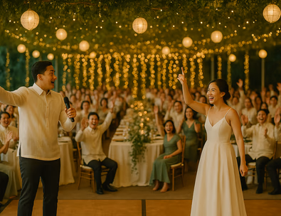 Young Filipino couple leading a lively wedding game with cheering guests and warm lights