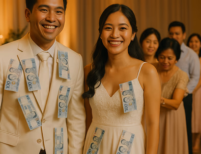 Young Filipino couple dancing while relatives pin bills as a live band plays under warm lights