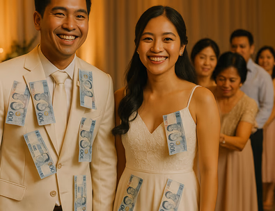 Young Filipino couple dancing while relatives pin bills as a live band plays under warm lights