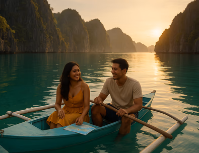 Young Filipino couple at a Palawan lagoon in a small outrigger at golden hour limestone cliffs and turquoise water