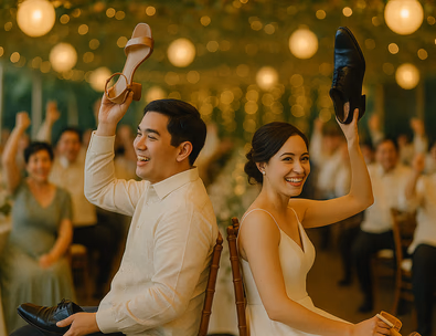 Young Filipino couple playing the shoe game on stage while guests cheer under warm lights