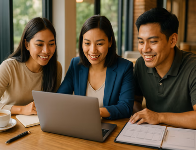 Young Filipino couple meeting a planner at a cafe reviewing timelines and costs on a laptop