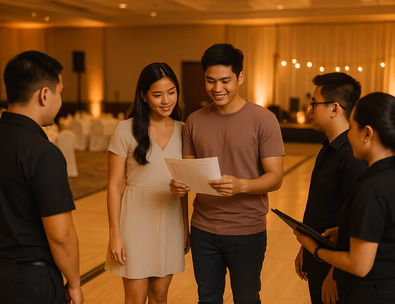 Young Filipino couple reviewing a cue sheet with their team on a softly lit ballroom floor