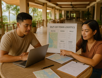 Young Filipino couple reviewing an out of town logistics board with routes rooms meals and power notes at a resort lobby