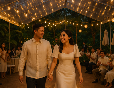 Young Filipino couple under a clear tent with umbrellas nearby warm string lights dry walkways and happy guests during a light evening shower