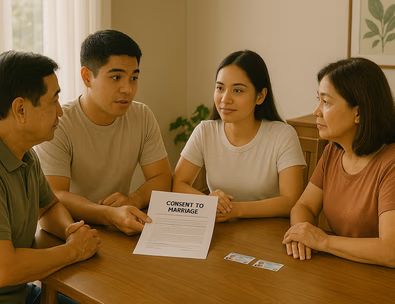Young Filipino couple with parents reviewing consent paperwork at home