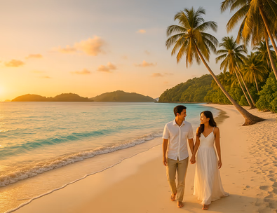 Romantic couple walking along a tropical beach in the Philippines at sunset with turquoise water and palm trees.