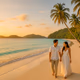 Romantic couple walking along a tropical beach in the Philippines at sunset with turquoise water and palm trees.