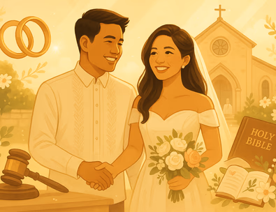 Joyful engaged Filipino couple in a church courtyard with wedding symbols, representing hope and preparation for marriage.