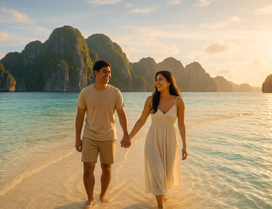 Young Filipino couple on a Palawan sandbar at golden hour with glassy turquoise water and limestone cliffs