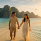 Young Filipino couple on a Palawan sandbar at golden hour with glassy turquoise water and limestone cliffs