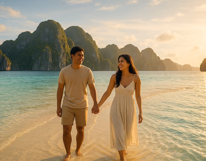 Young Filipino couple on a Palawan sandbar at golden hour with glassy turquoise water and limestone cliffs