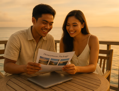Young Filipino couple reviewing a printed package checklist on a seaside deck at sunset with calm water and soft lantern light