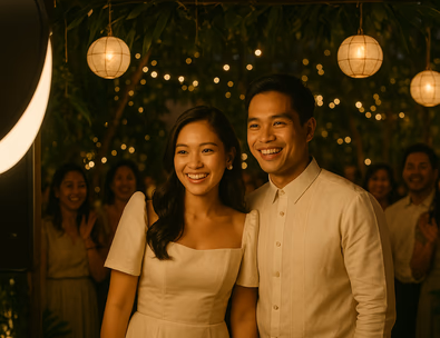 Young Filipino couple posing at a glam photo booth with soft beauty light friends cheering and capiz accents in the background