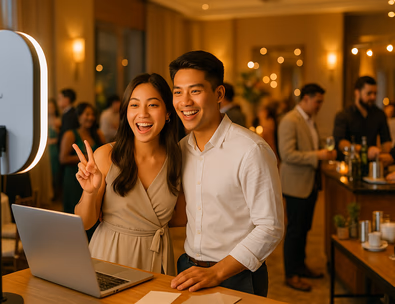 Young Filipino couple enjoying photobooth prints while a mobile bar and coffee cart operate smoothly in a hotel foyer