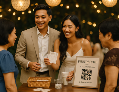 Young Filipino couple guiding guests at a lively photobooth with game cards and a prize basket