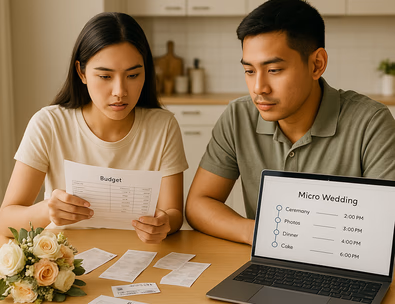 Young Filipino couple planning a 20 guest micro wedding with budget notes and timeline