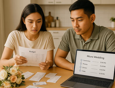 Young Filipino couple planning a 20 guest micro wedding with budget notes and timeline